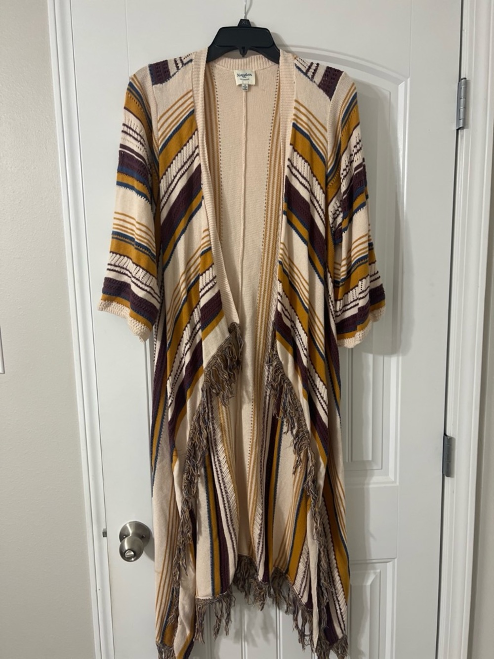 Striped Cream Fringe Open-Front Kimono by Mudd